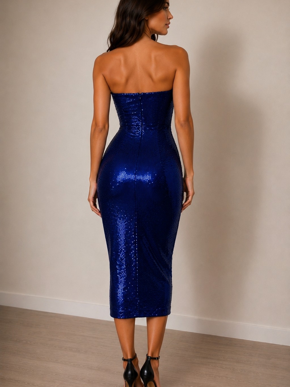 Black Bead Strapless Sequin Midi Dress in Royal Blue - Picture 2 of 2